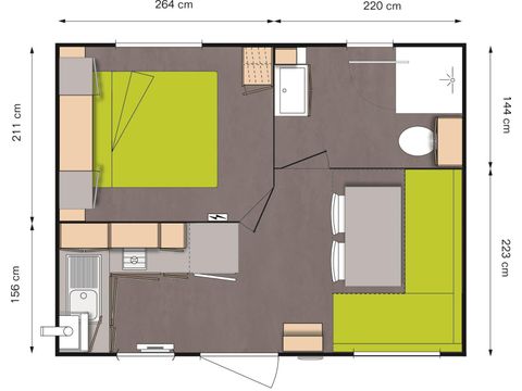 MOBILE HOME 2 people - Mobile-home Beach 18.6m² (over 10 years old) (1 bedroom) + Semi-covered wooden terrace + TV for 2 people